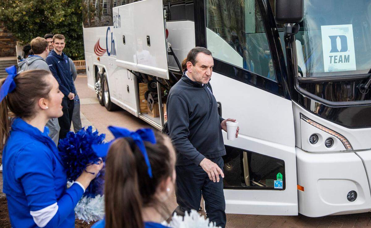 Duke head coach Mike Krzyzewski prepares to depart with his team for the Final Four in New Orleans Tuesday, March 29, 2022 outside Cameron Indoor Stadium.