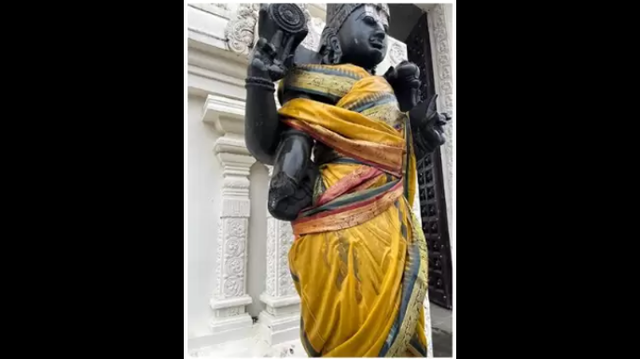 The Dvarapalaka statue at the Sri Venkateswara Temple of NC in Cary was vandalized early Sunday morning. The statue represents a warrior deity often found at the entrance of temples.