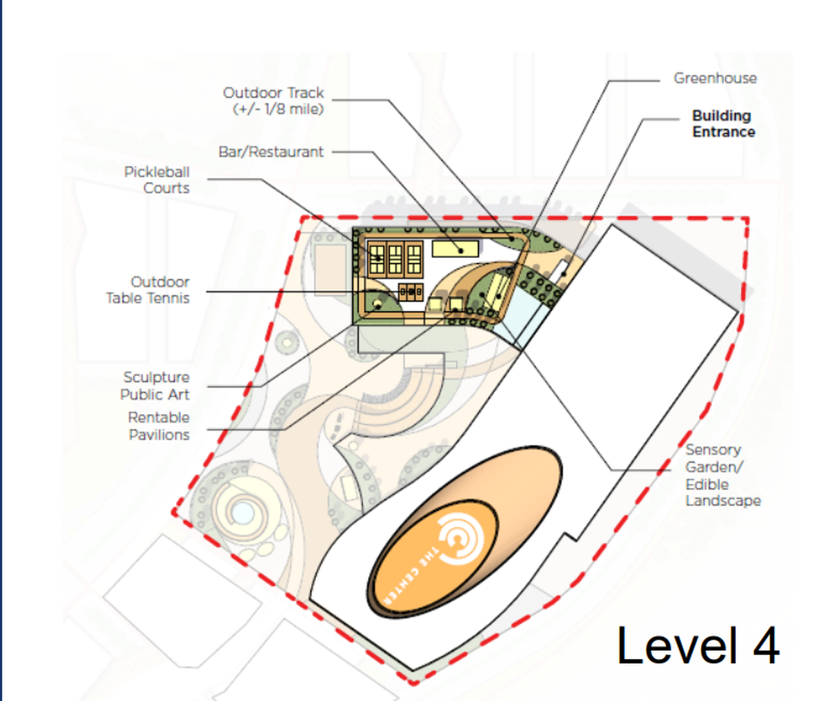 The Center’s conceptual design will feature three-levels with a fourth featuring and outdoor tennis table, a greenhouse, a bar and restaurant, pickleball courts, and outdoor track and more.