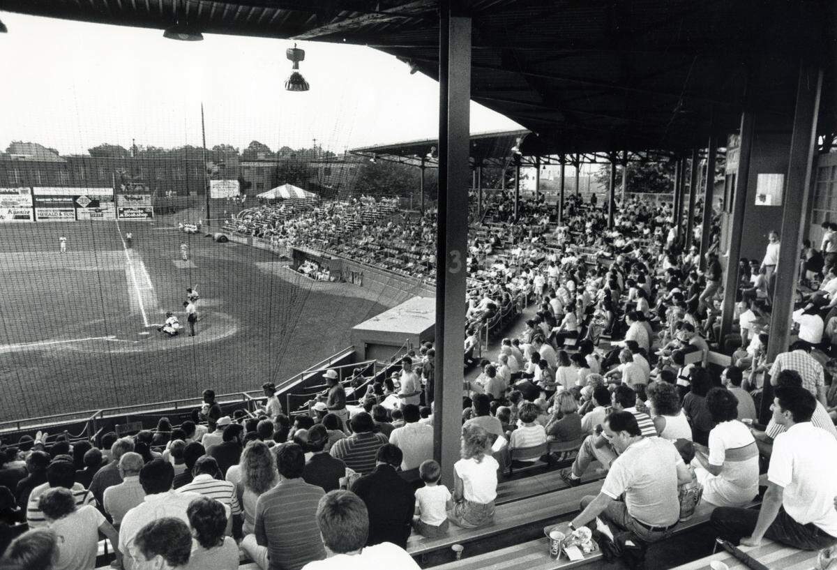 Fans watch a Bulls game at Durham Athletic Park on on July 27, 1988.