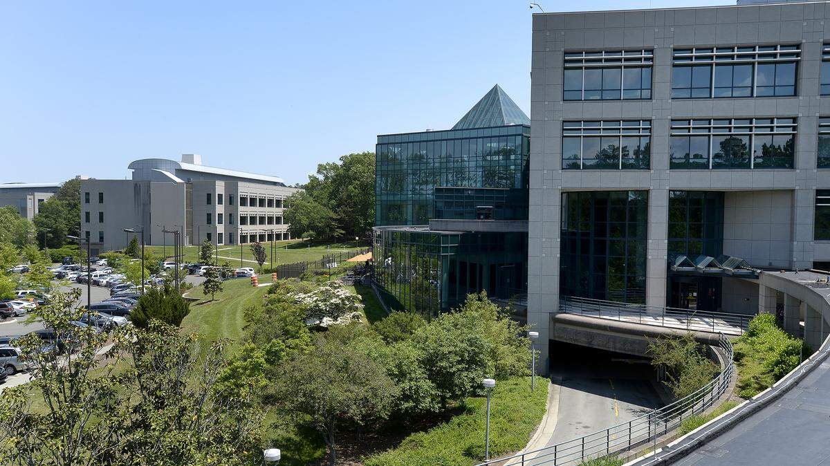 One of the buildings making up the sprawling Parmer RTP campus off of T.W. Alexander Drive in the Research Triangle Park, N.C. Friday, May 11, 2019. Shattuck Labs, which has the largest investment deal so far in 2020, rents lab space there.