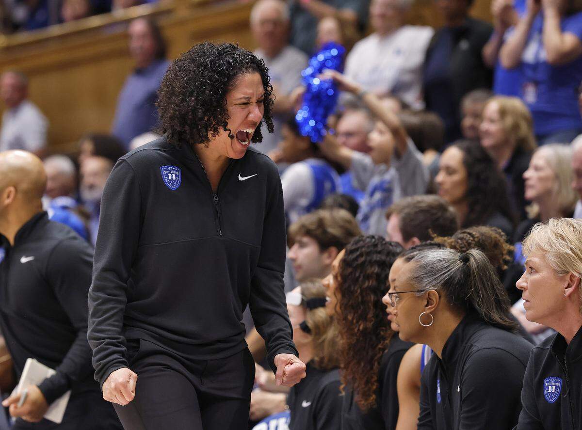 Duke head coach Kara Lawson reacts on the sidelines during the first half of the Blue Devils’ game against N.C. State on Thursday, Feb. 19, 2026, at Cameron Indoor Stadium in Durham, N.C.