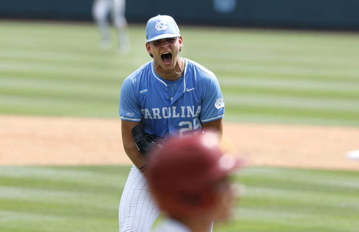 North Carolina's Jason DeCaro celebrates striking out Southern California's Walter Urbon to end the fifth inning during UNC’s game against USC in the second game of the Chapel Hill Super Regional at Boshamer Stadium in Chapel Hill, North Carolina, on Saturday, June 6, 2026.