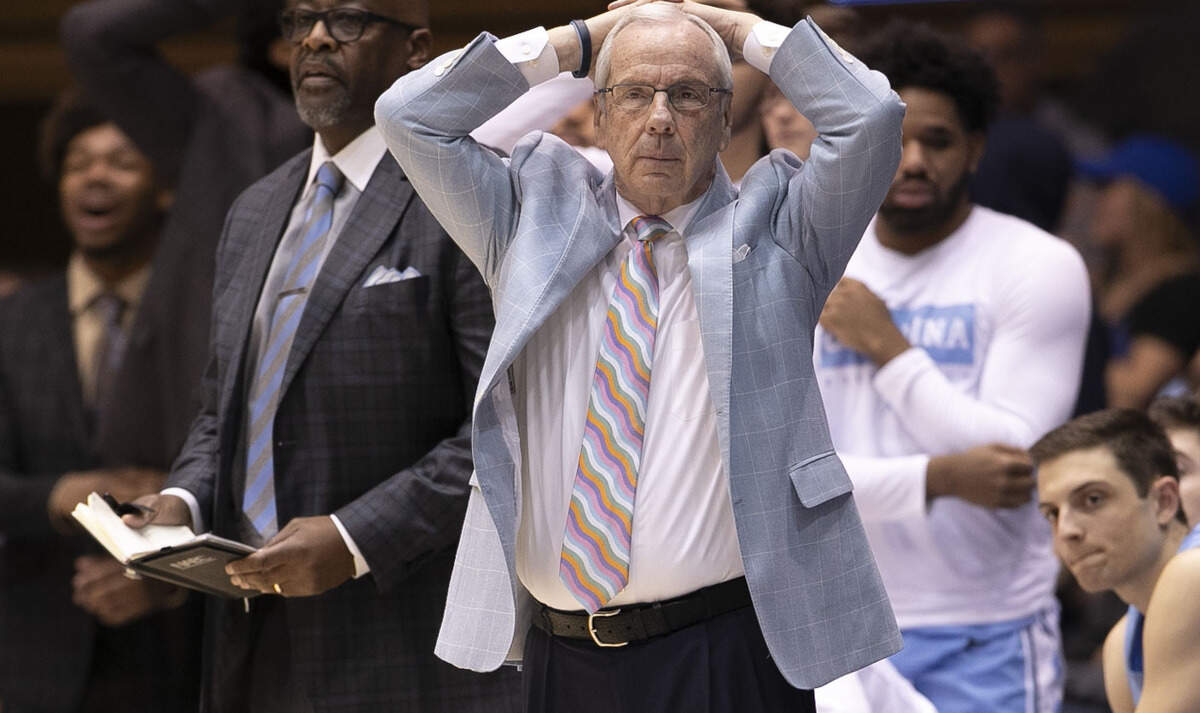 North Carolina coach Roy Williams reacts after Armando Bacot was called for his fourth foul in the second half against Duke on Saturday, March 7, 2020 at Cameron Indoor Stadium in Durham, N.C.