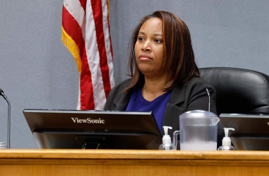 Durham city council member DeDreana Freeman listens during a council work session at City Hall in Durham, N.C., Thursday, Sept. 7, 2023.