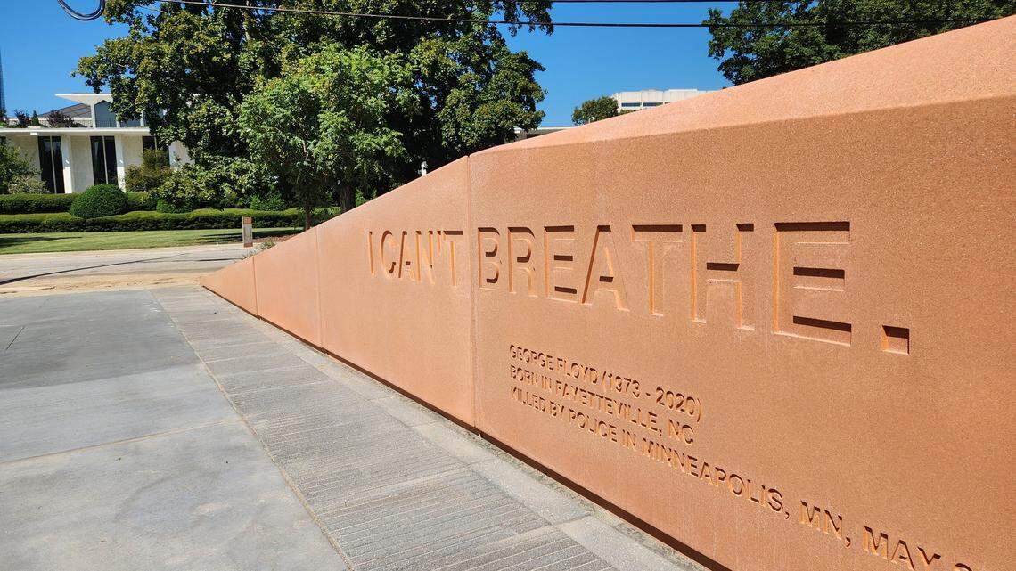 “I can’t breathe,” a quote from George Floyd, who was born in North Carolina and killed by Minneapolis police in 2020, sparking a summer of protests across the country, is inscribed in the wall of North Carolina Freedom Park across the street from the Legislative Building in downtown Raleigh, N.C. The park opened Aug. 23, 2023.