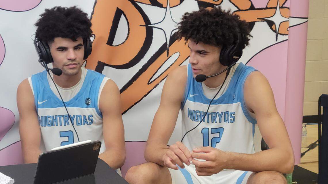 Twins Cayden (left) and Cameron Boozer, sons of former Duke standout Carlos Boozer, chat with NBA TV following a game at Peach Jam in North Augusta, South Carolina on Thursday, July 6, 2023.