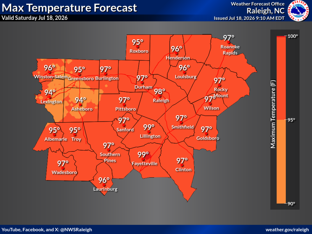 Heat index values could reach as high as 109 Saturday in central North Carolina, according to the National Weather Service.