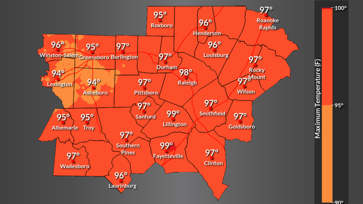 Heat index values could reach 109 in central North Carolina on Saturday, according to the National Weather Service.