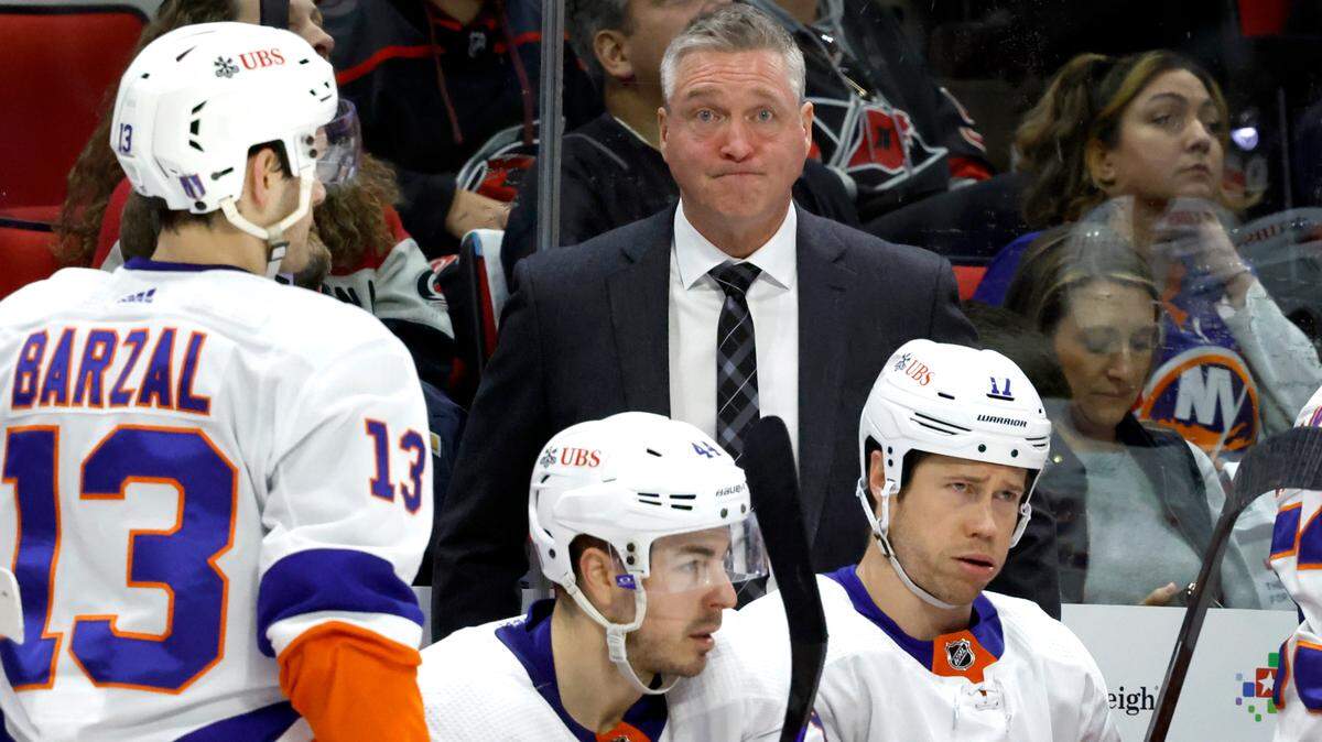 New York head coach Patrick Roy watches during the third period of the Carolina Hurricanes’ 5-3 victory over the Islanders in the first round of the Stanley Cup playoffs at PNC Arena in Raleigh, N.C., Monday, April 22, 2024.