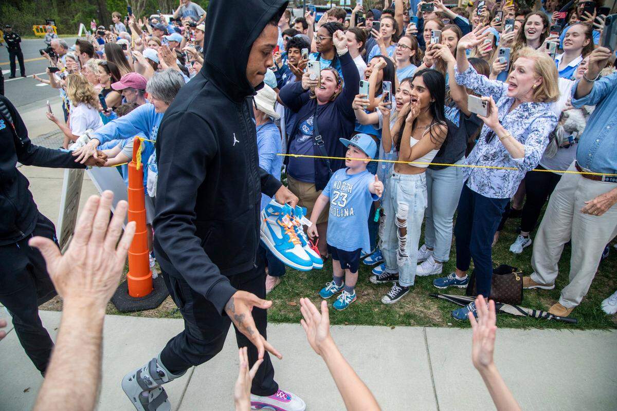 Armando Bacot and the UNC’s men’s basketball team receive a warm welcome at the Dean Smith Center Tuesday, April 5, 2022 after falling to Kansas in the NCAA championship.