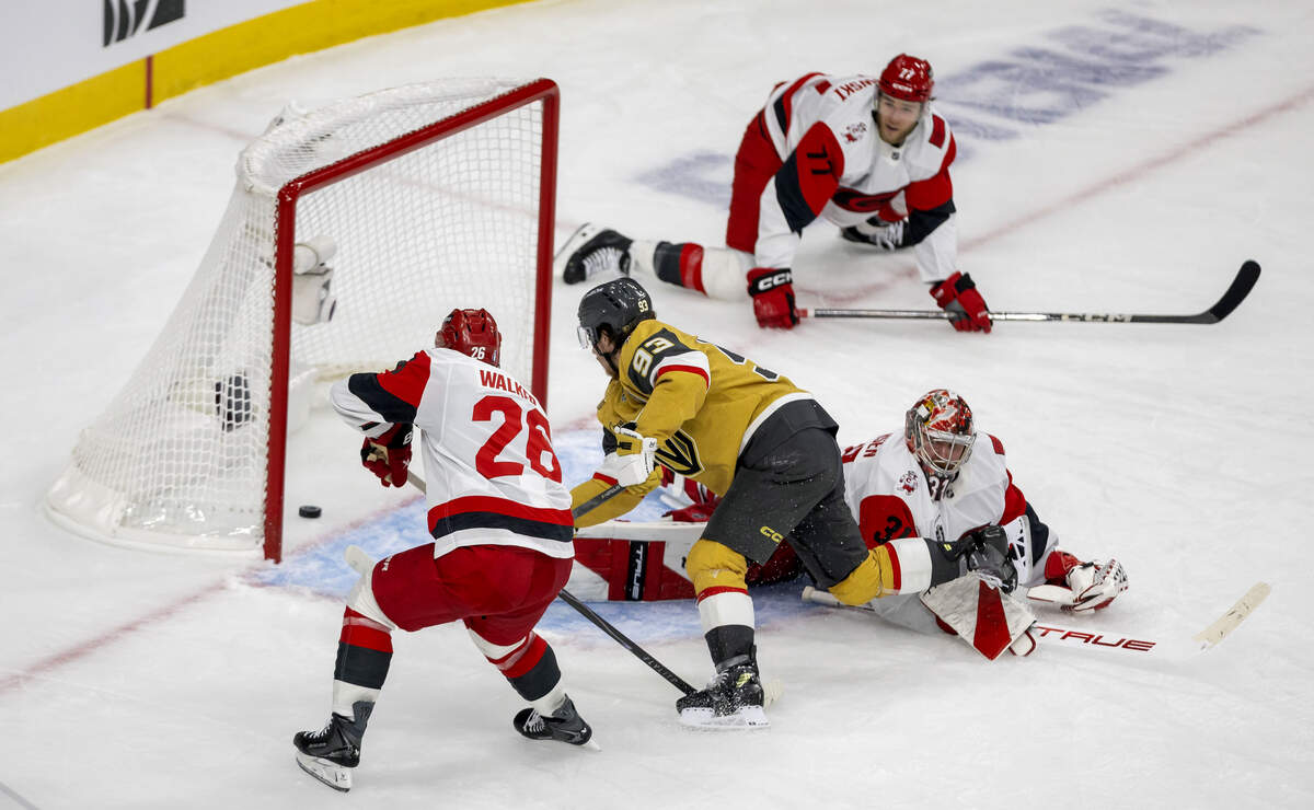 Vegas right wing Mitch Marner (93) scores on Carolina Hurricanes goalie Frederik Andersen (31) to take a 3-0 in the second period in Game 3 of the Stanley Cup Final, on Saturday, June 6, 2026 at T-Mobile Arena in Las Vegas, NV.