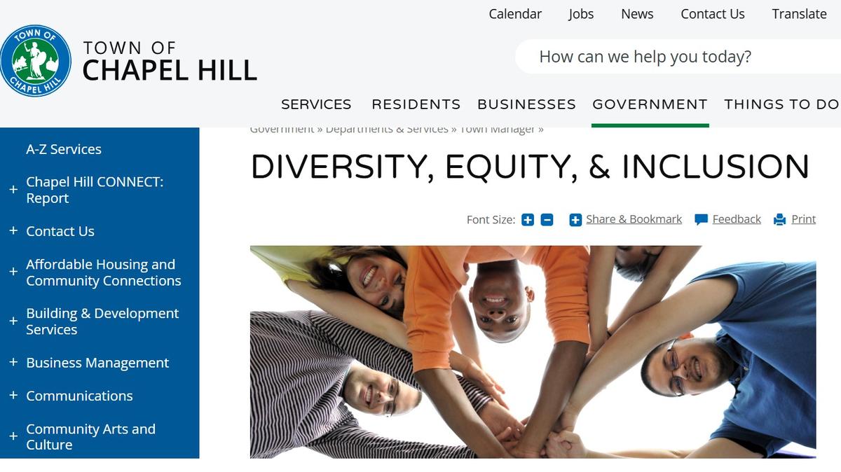 The town of Chapel Hill restored this page and others to its website Wednesday, March 19, 2025, after residents noticed several web pages, including those featuring racial and LGBTQ equity, had been removed from the website.