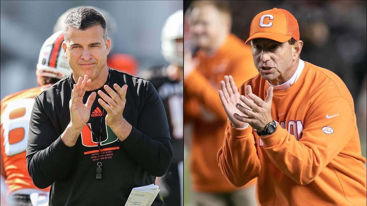 Miami, led by head coach Mario Cristobal, left, and Clemson, led by head coach Dabo Swinney, were picked by the media to win their respective divisions.