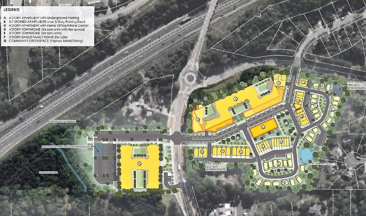 A proposed site plan shows how larger, taller apartment buildings and townhouses would be located along Old Durham Road and at the roundabout intersection with Pope Road. Shorter townhouses and cottages would be built near existing neighborhoods.