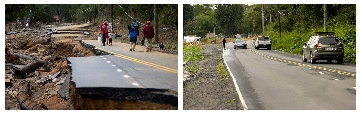 At left, Swannanoa residents walk around a section Old US 70 destroyed by flooding from the Swannanoa River on Sunday, Sept. 29, 2024. A year later, the road (right) has been repaired.