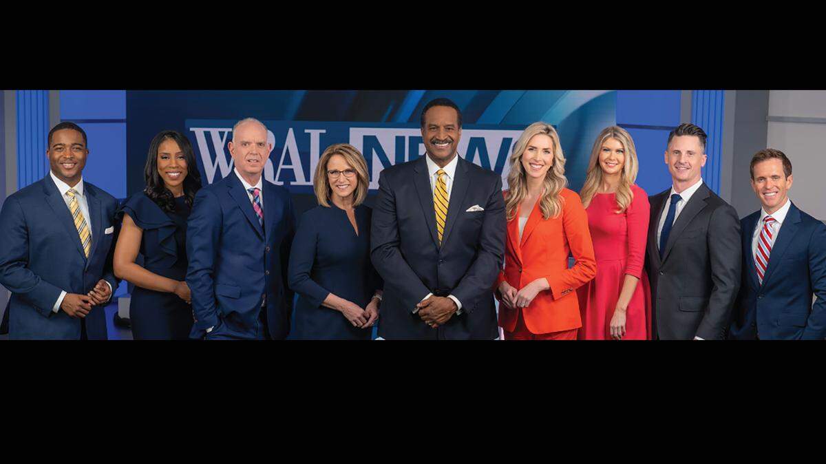 The WRAL afternoon and evening news and weather team, L-R: Chris Lovingood, Lena Tillett, Mike Maze, Debra Morgan, Gerald Owens, Ashley Rowe, Cat Campbell, Dan Haggerty, Mark Boyle.