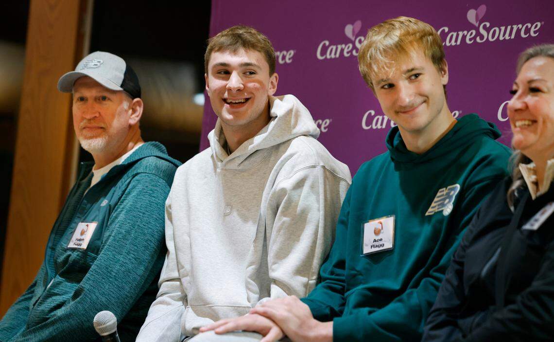 Cooper Flagg laughs at his mother’s answer while answering questions with his dad Ralph, brother Ace and mom Kelly during a holiday gathering at the Ronald McDonald House Charities of the Triangle in Durham, N.C., Thursday, Dec. 12, 2024.