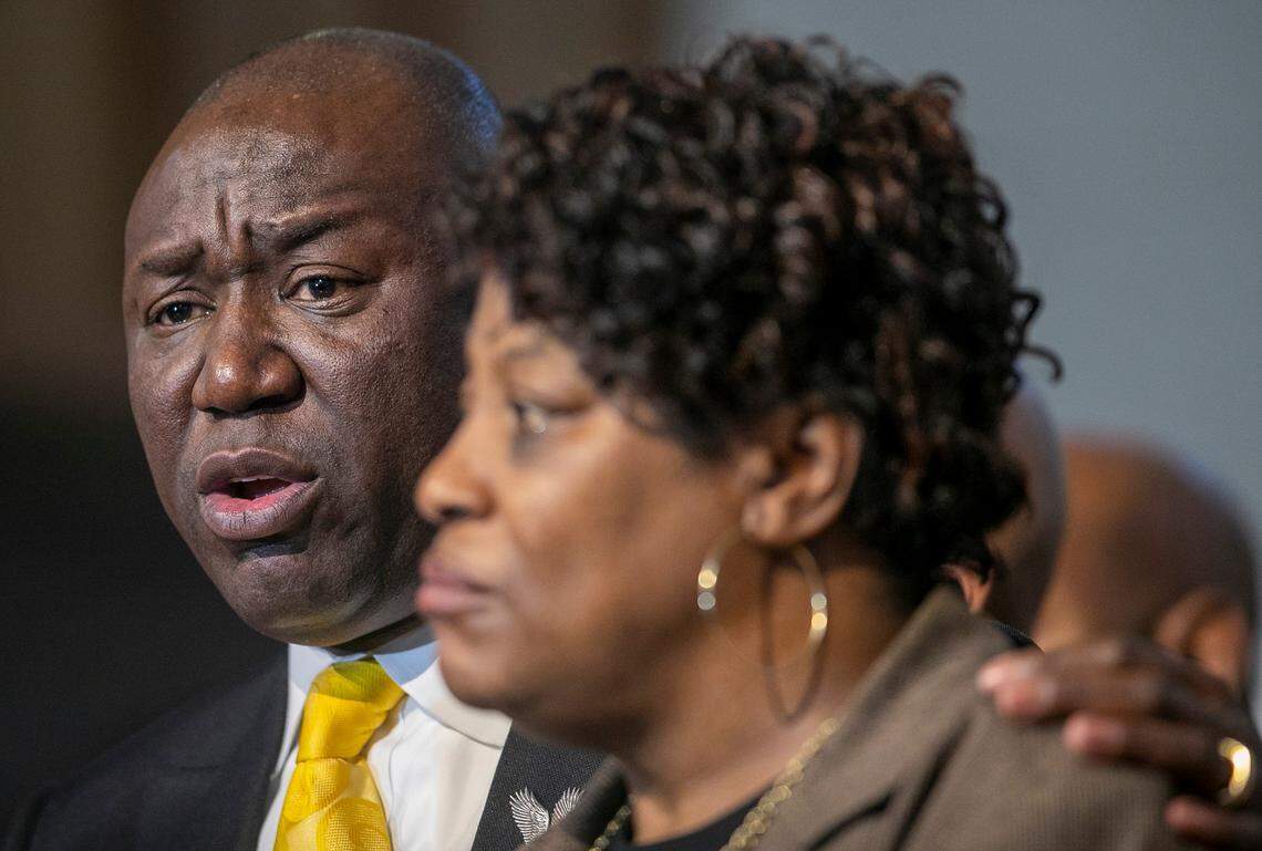 Civil rights attorney Ben Crump embraces Sonya Williams during a press briefing on the death of Darryl Williams on Thursday, February 16. 2023 at Mount Peace Baptist Church in Raleigh, N.C. Williams was tased by Raleigh police in January. Crump has been retained by the Williams family, calling for the officers involved to be charged with manslaughter.