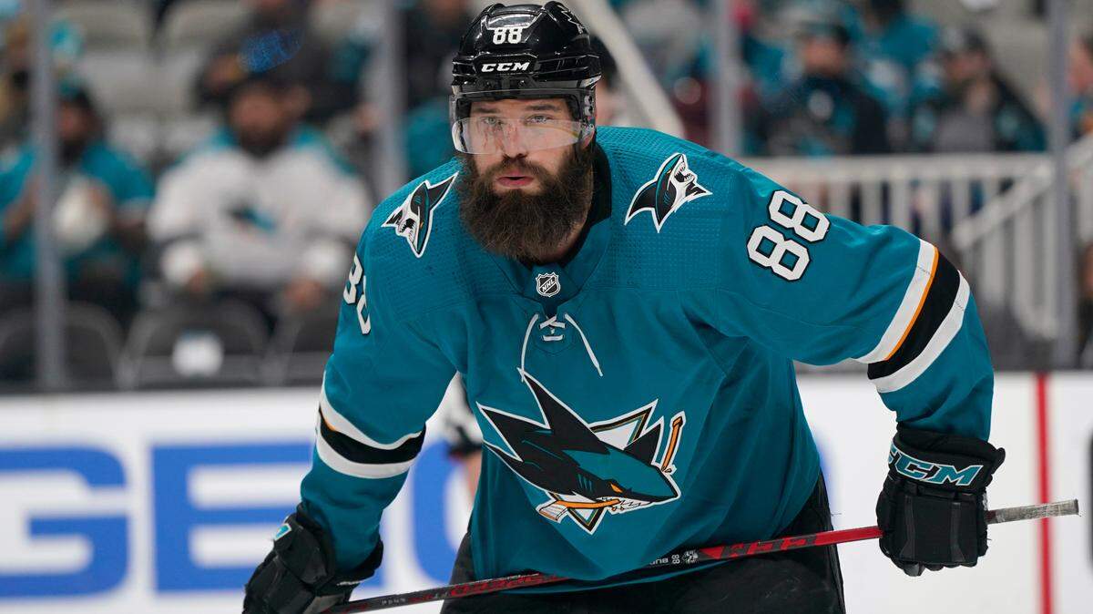 San Jose Sharks defenseman Brent Burns (88) against the Vegas Golden Knights during an NHL hockey game in San Jose, Calif., Sunday, Feb. 20, 2022. (AP Photo/Jeff Chiu)