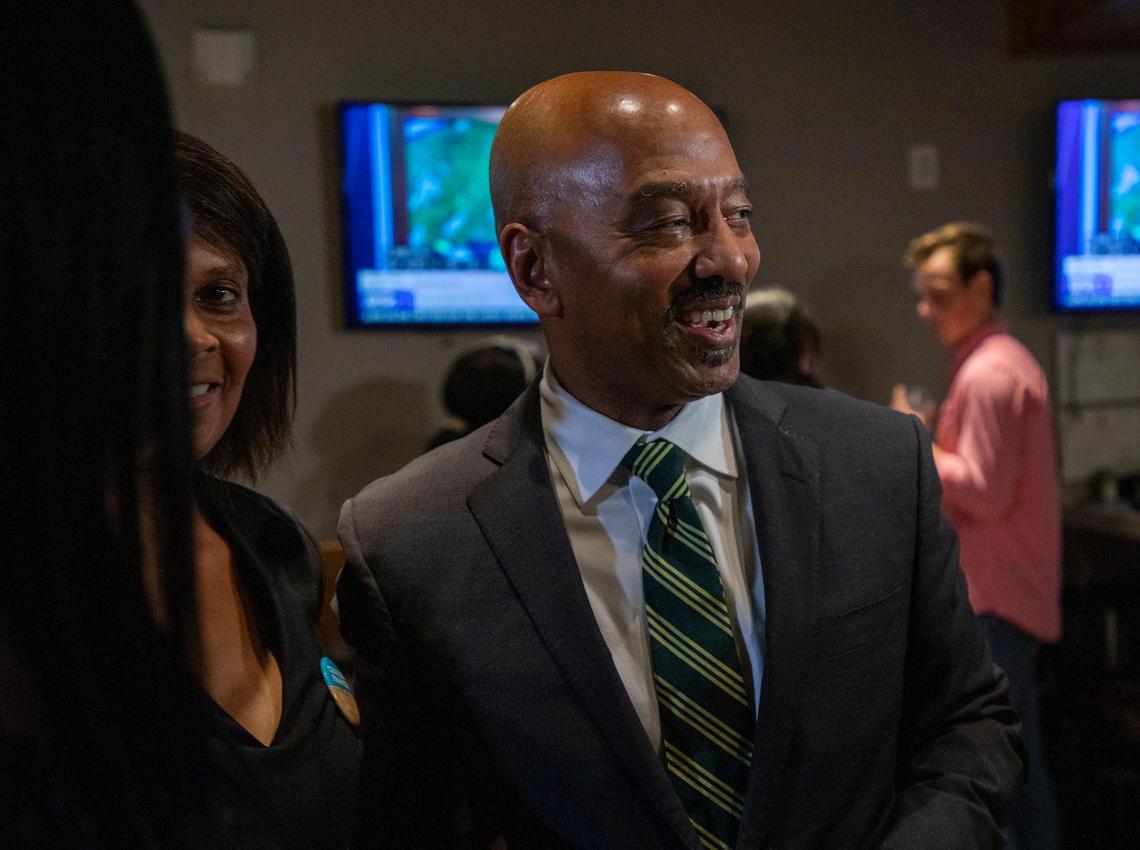 Raleigh mayoral candidate Charles Francis greets supporters gathered for a watch party at Cantina 18 in Cameron Village on election night, Tuesday, Oct. 8, 2019, in Raleigh, NC.