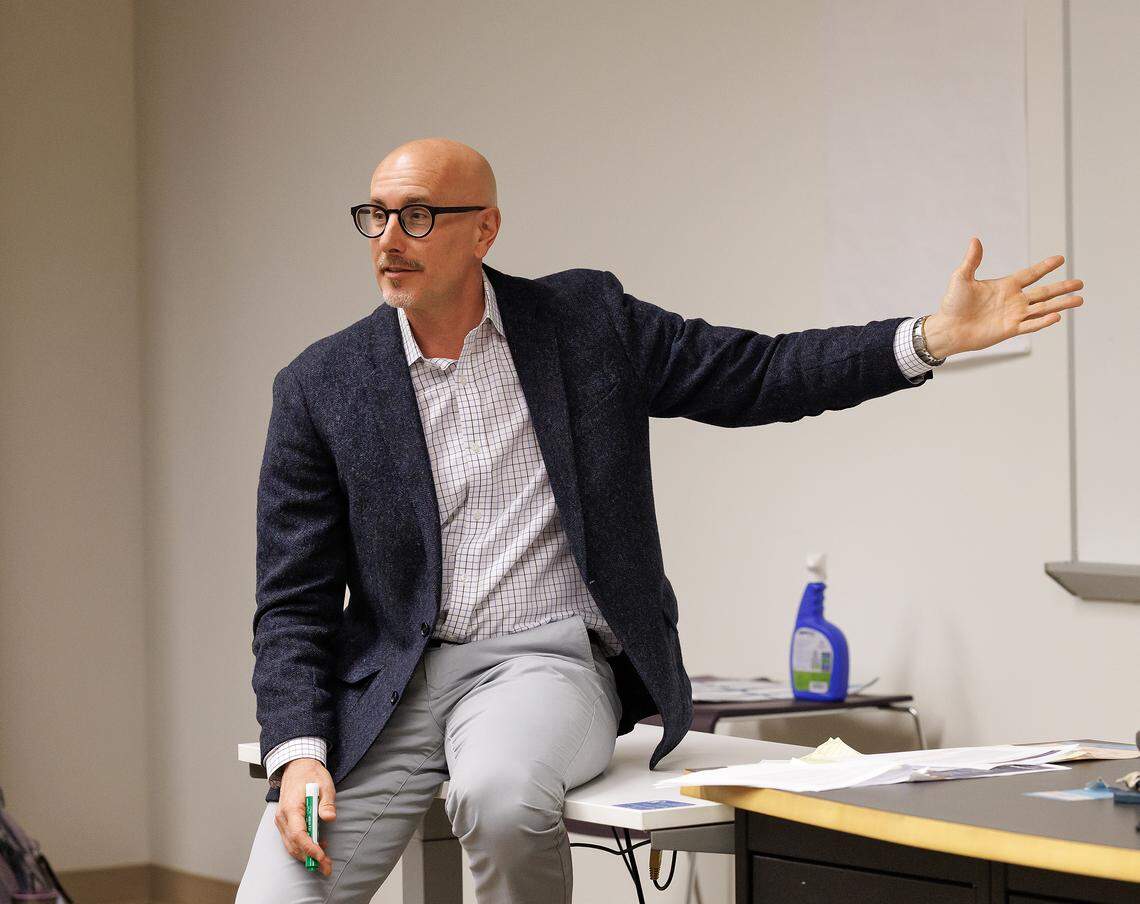 Daniel DiSalvo teaches a Foundations of American Civic Life class at UNC-Chapel Hill on Tuesday, April 7, 2026. 