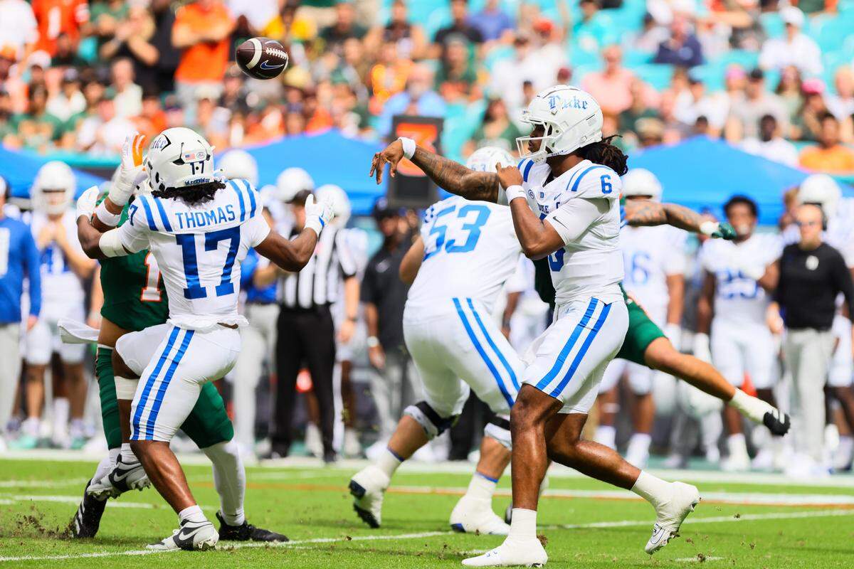 Nov 2, 2024; Miami Gardens, Florida, USA; Duke Blue Devils quarterback Maalik Murphy (6) throws the football against the Miami Hurricanes during the first quarter at Hard Rock Stadium.