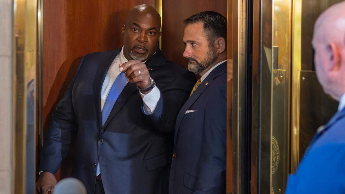 North Carolina Lt. Gov. Mark Robinson lashes out at the news media on Wednesday, July 10, 2024 from an elevator in the General Assembly as they ask him questions about his comments on June 30, 2024 at Lake Church in Bladen County, when he said “some folks need killing”. Robinson had just concluded a North Carolina Medal of Valor ceremony honoring Craven County deputy Lt. Lyndsey Moses-Winning at the General Assembly in Raleigh, N.C..