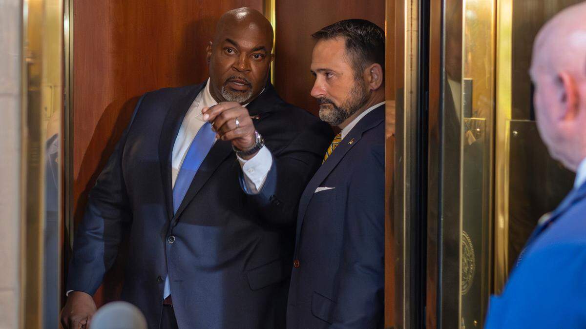 North Carolina Lt. Gov. Mark Robinson lashes out at the news media on Wednesday, July 10, 2024 from an elevator in the General Assembly as they ask him questions about his comments on June 30, 2024 at Lake Church in Bladen County, when he said “some folks need killing.”