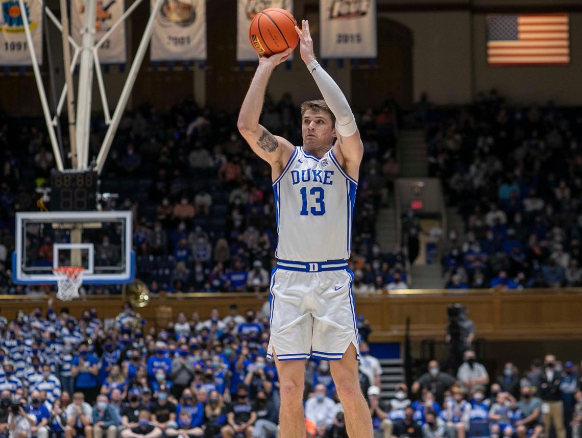 Duke’s Joey Baker (13) launches a three point basket to give Duke a 45-38 lead in the second half against Campbell on Saturday, November 13, 2021 at Cameron Indoor Stadium in Durham, N.C.