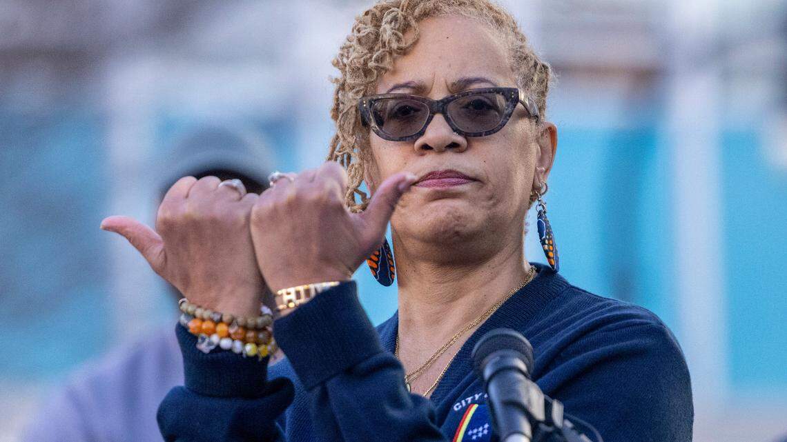 Durham Mayor Elaine O’Neal makes the Bull City hand sign at the conclusion of a Day of Remembrance for Gun-Related Homicide Victims ceremony in Durham Friday, Dec. 30, 2022. 