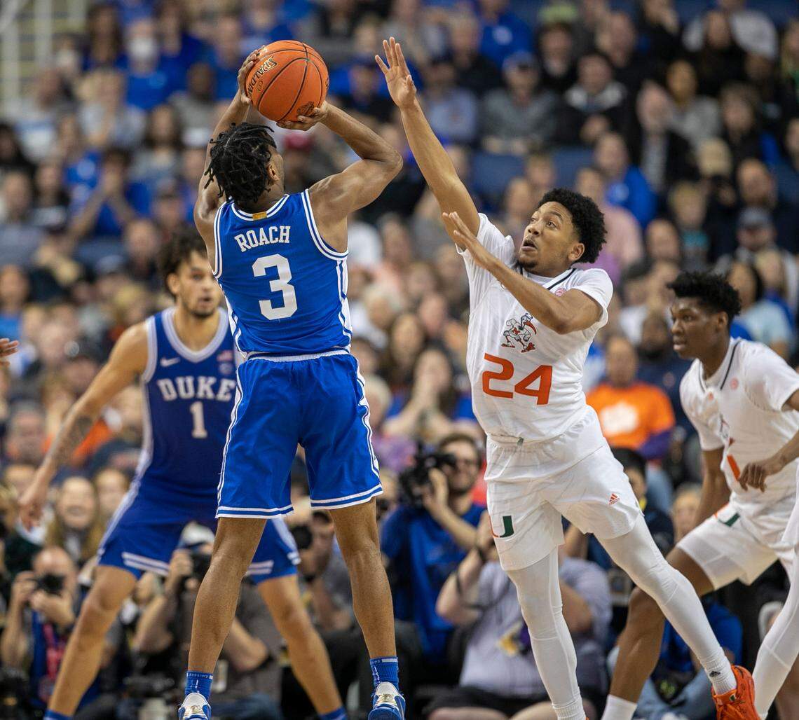 Duke’s Tyrese Proctor (5) hits a three point shot to take a 78-71 lead with 1:32 to play against Miami during in the semi-finals of the ACC Tournament on Friday, March 10, 2023 at the Greensboro Coliseum in Greensboro, N.C.
