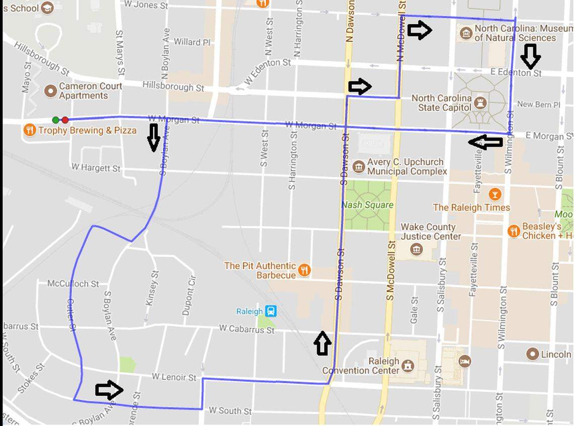 A map of the route that participants will run and walk on Saturday, May 12, 2018.