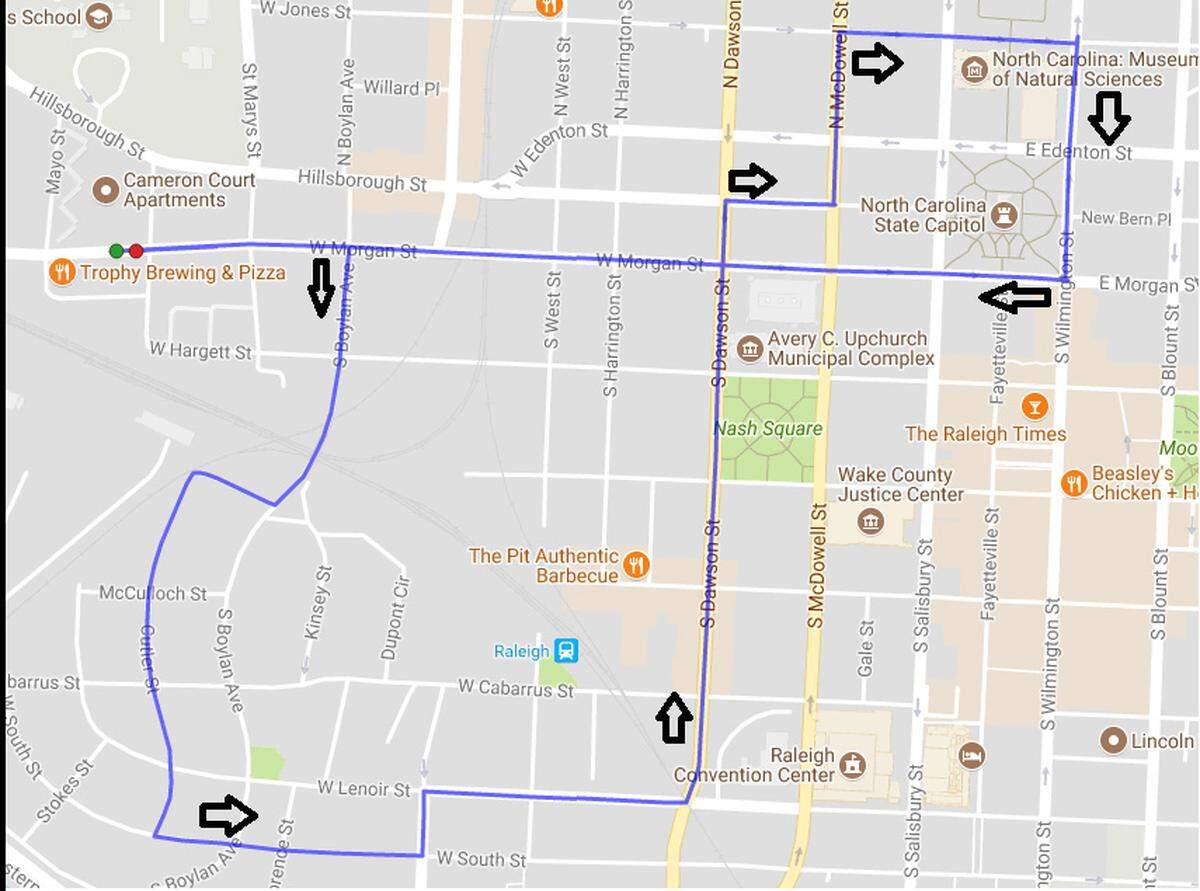 A map of the route that participants will run and walk on Saturday, May 12, 2018.