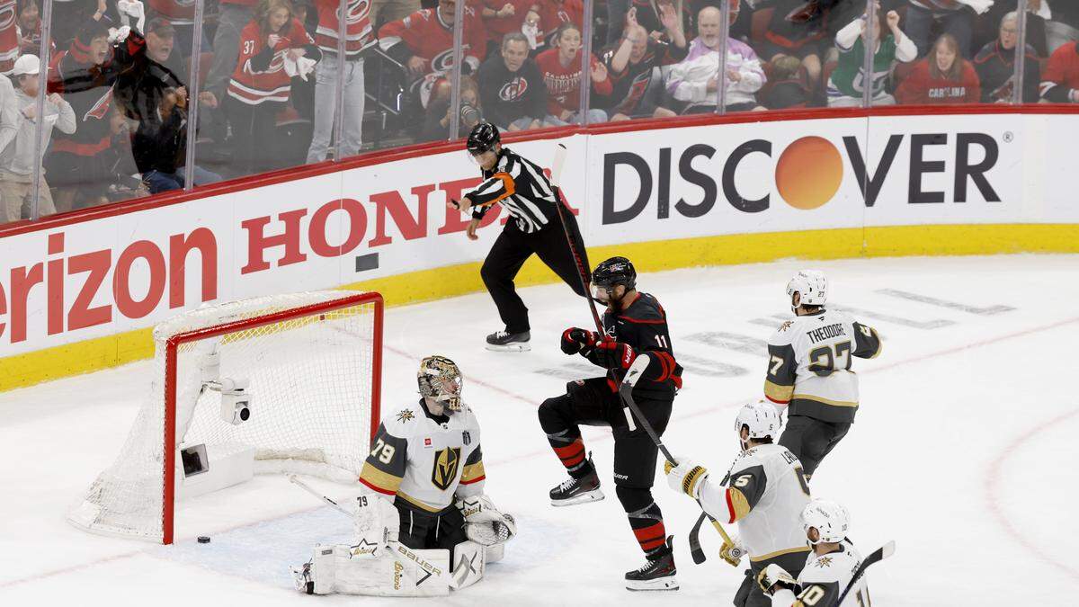 The Hurricanes Jordan Staal celebrates after scoring a goal late in the third period to go ahead of the Golden Knights 3-2.