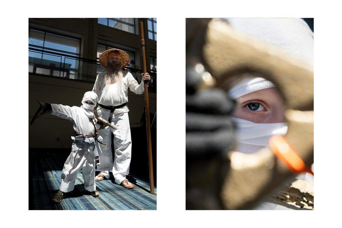 Wray Braswell and Rex Braswell, 4 years old, cosplay as Sensei Wu and Zane from LEGO Ninjago at GalaxyCon Raleigh in the Raleigh Convention Center on Thursday, July 28, 2022. Rex’s favorite costume piece was the homemade throwing stars.