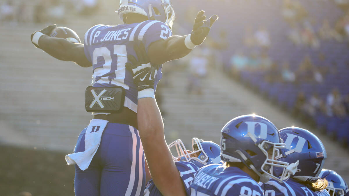 Duke’s Peyton Jones celebrates with teammates after scoring a touchdown during the second half of the Blue Devils’ 38-14 win over Northwestern on Saturday, Sept. 16, 2023, at Wallace Wade Stadium in Durham, N.C.