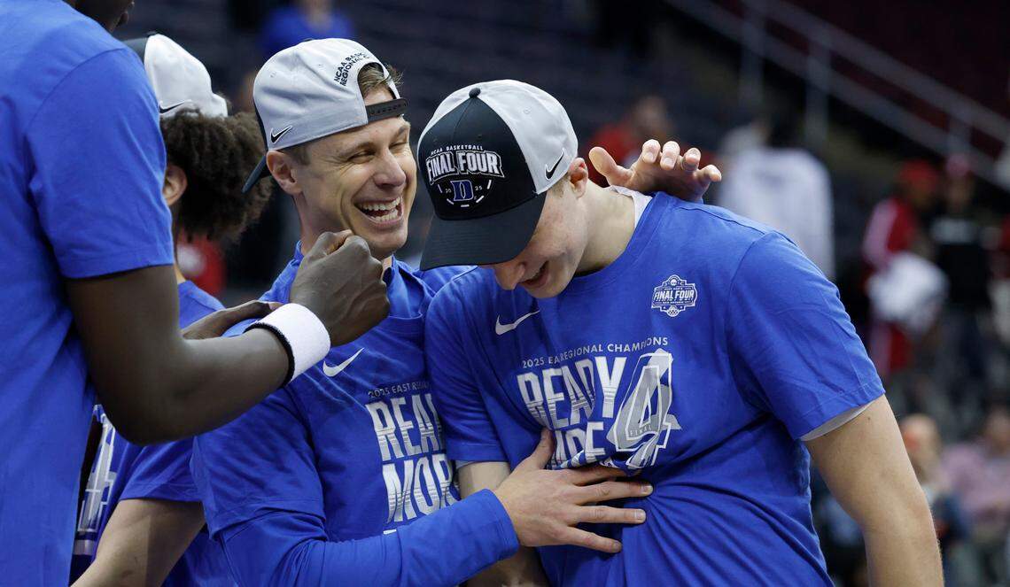 Duke’s head coach Jon Scheyer laughs with Cooper Flagg (2) after Duke’s 85-65 victory over Alabama in their Elite 8 game in the 2025 NCAA Men’s Basketball Championship at the Prudential Center in Newark, N.J., Saturday, March 29, 2025.