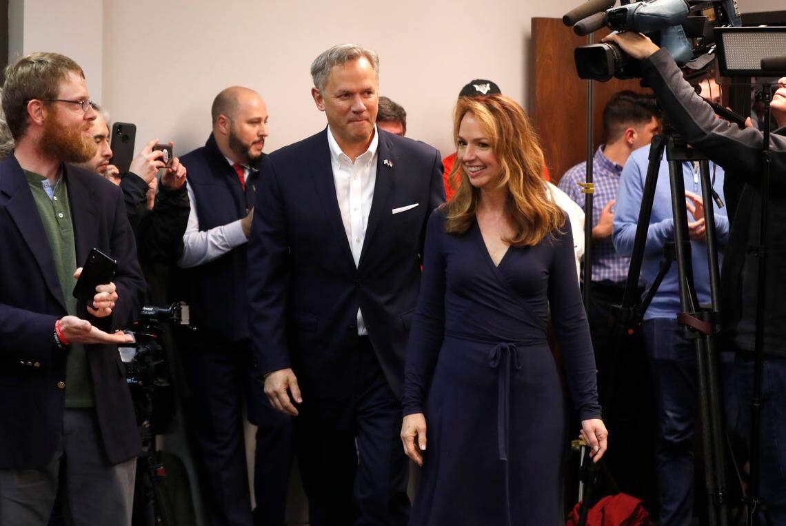 Lt. Gov. Dan Forest, Republican party nominee for governor, and his wife Alice walk in before speaking during a Super Tuesday MAGA Meet-Up Watch Party at the North Carolina GOP Headquarters in Raleigh, N.C., Tuesday, March 3, 2020.