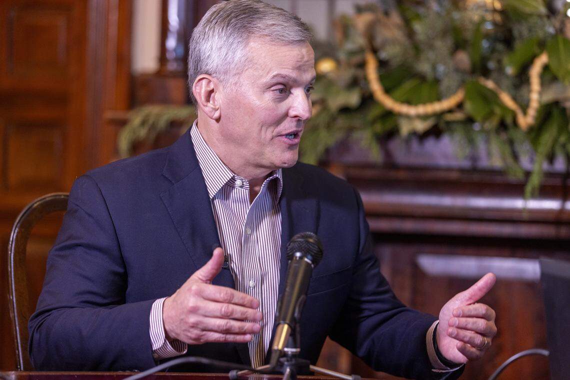 Gov. Josh Stein sits for an interview and records an Under the Dome podcast with The News & Observer Capitol bureau chief Dawn Baumgartner Vaughan on Tuesday, Dec. 16, 2025, at the North Carolina Executive Mansion in Raleigh.