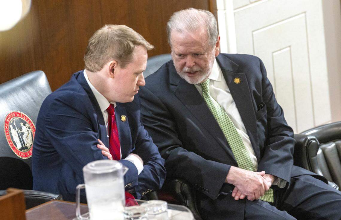 House Speaker Destin Hall, left, and Senate President Pro Tempore Phil Berger, talk before Gov. Josh Stein delivered his State of the State address to a joint session of the General Assembly on Wednesday, March 12, 2025, in the House chamber of the Legislative Building.