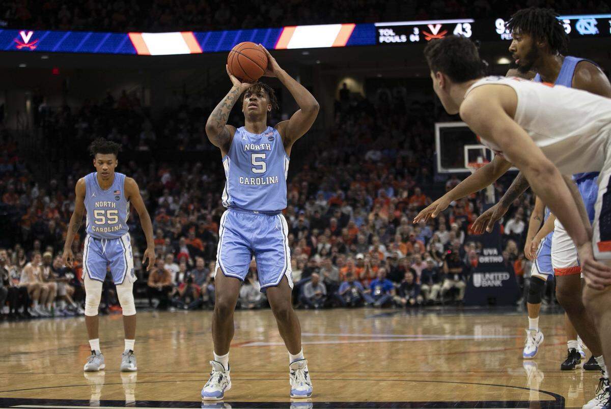 North Carolina’s Armando Bacot (5) squares up for a free-throw attempt in the second half against Virginia on Sunday, December 8, 2019 at John Paul Jones Arena in Charlottesville, Va. Bacot was 1-6 from the line, and the Tar Heels’ were 12-22 in their 56-47 loss to Virginia.