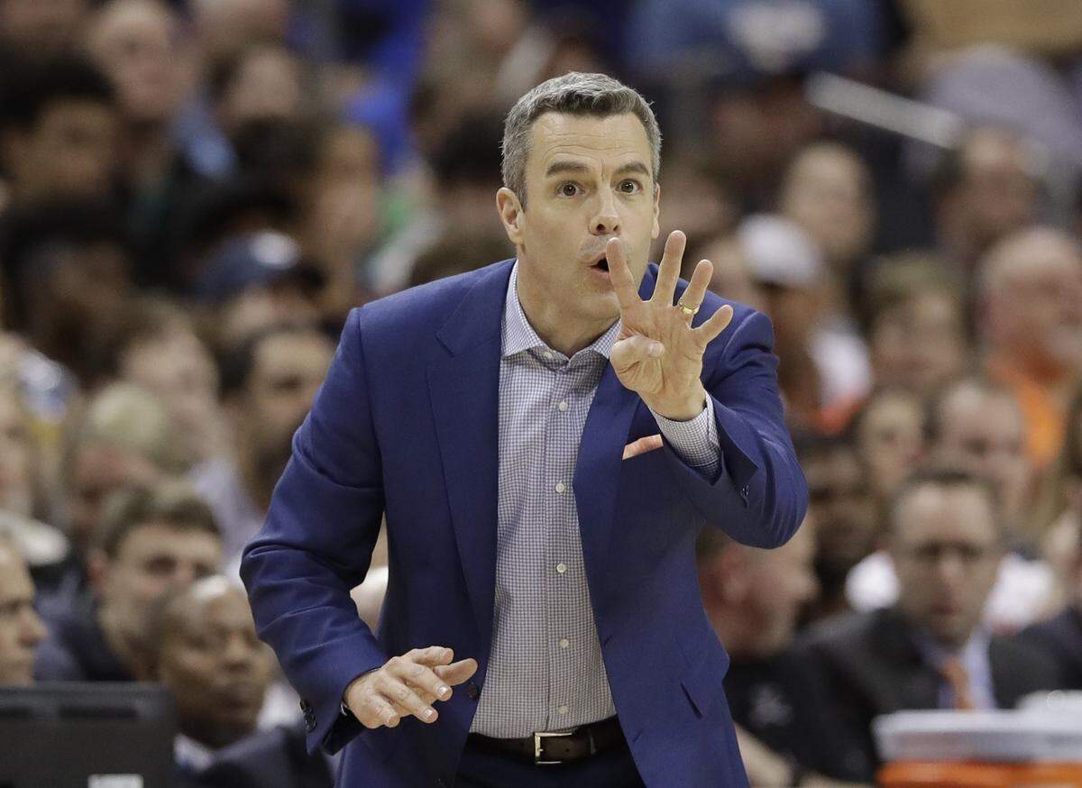 Virginia coach Tony Bennett argues a call during the second half of an NCAA college basketball game against Florida State in the Atlantic Coast Conference tournament in Charlotte, N.C., Friday, March 15, 2019.