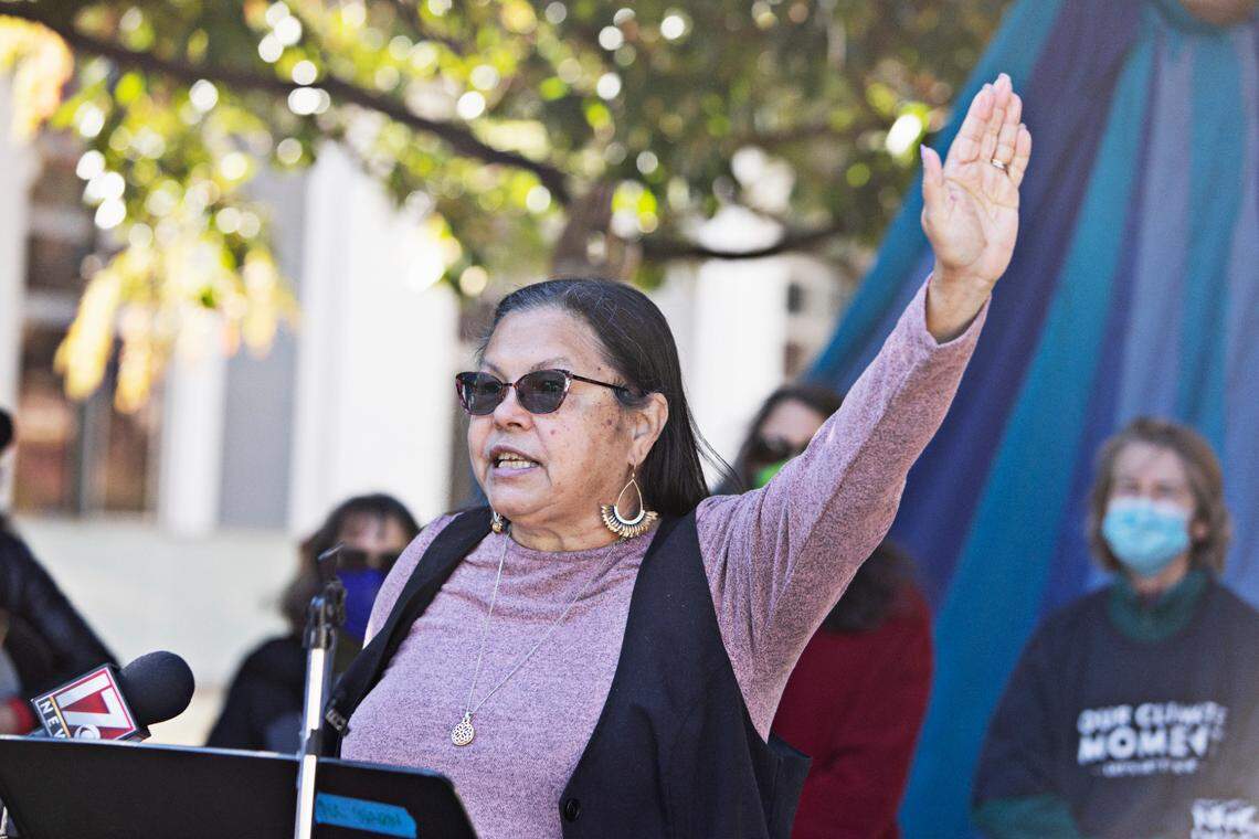 Lumbee member Donna Chavis of the Redtailed Hawk Collective and Friends of the Earth speaks outside the Executive Mansion in Raleigh on Friday, Nov. 19, 2021, during a protest about the climate emergency. Seventeen groups around the state gathered to protest Duke Energy’s plans to build 50 gas-burning power units.