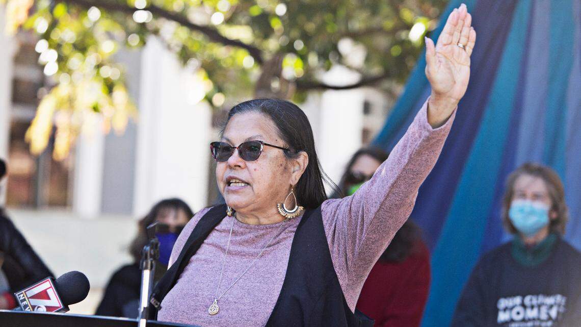 Lumbee member Donna Chavis of the Redtailed Hawk Collective and Friends of the Earth speaks outside the Executive Mansion in Raleigh on Friday, Nov. 19, 2021, during a protest about the climate emergency. Seventeen groups around the state gathered to protest Duke Energy’s plans to build 50 gas-burning power units.