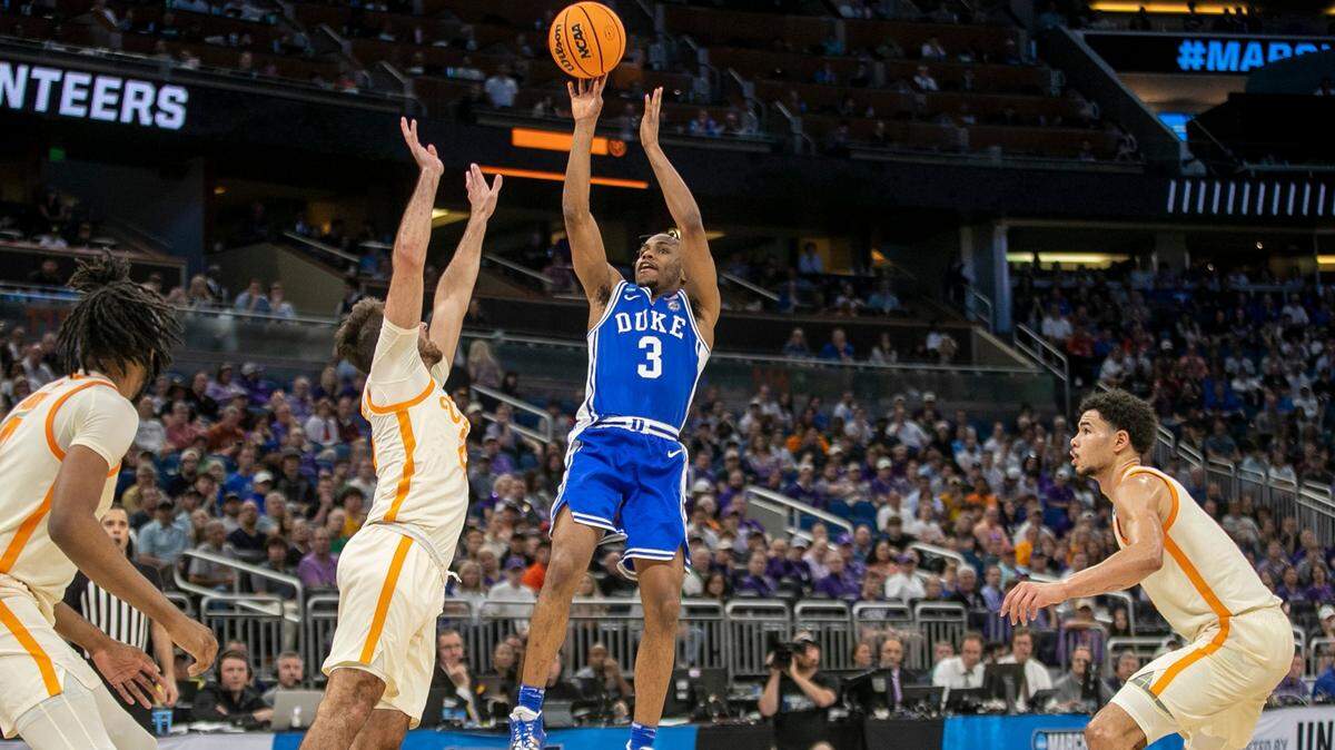 Duke’s Jeremy Roach (3) misses a three point attempt with :39 second to play as the Blue Devils fall 65-52 to Tennessee in the second round of the NCAA Tournament on Saturday, March 18, 2023 at the Amway Center in Orlando, Fla.