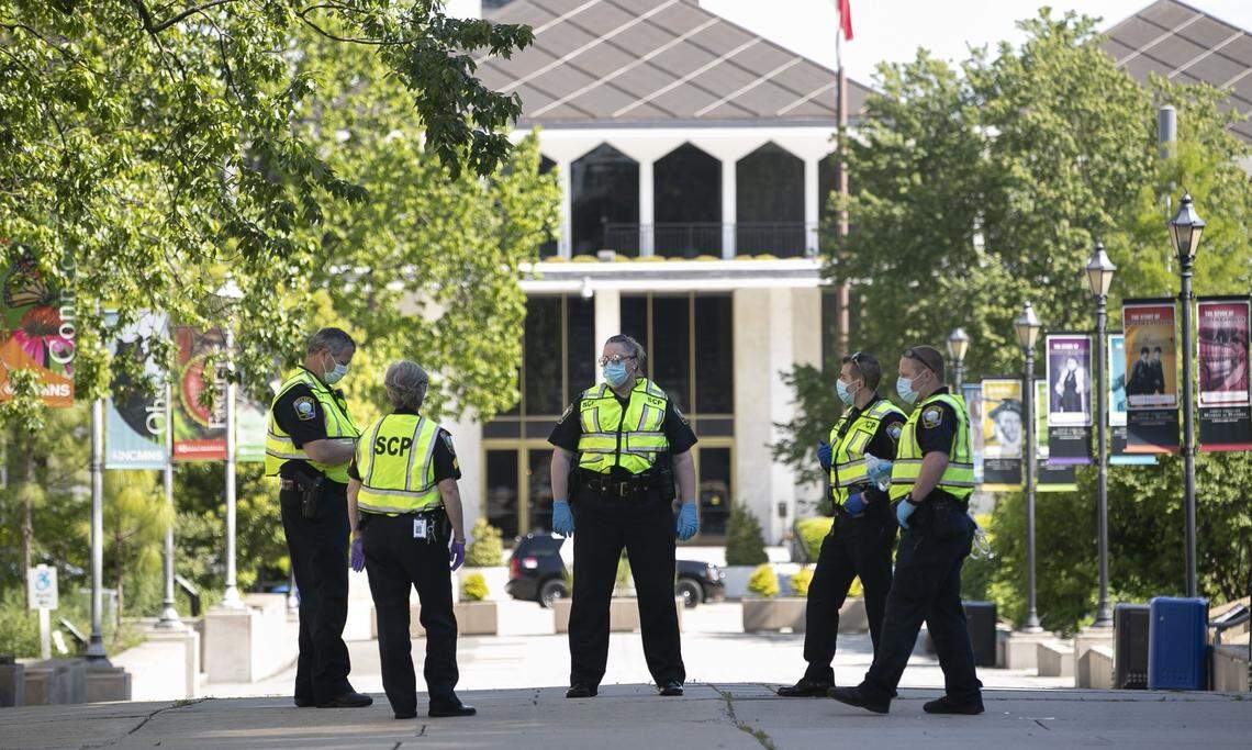 State Capitol Police gather on the Bicentennial Mall on Tuesday, April 28, 2020 in Raleigh, N.C. State Capitol Police along with other law enforcement agencies were spread out around the State Capitol and the State Legislature as protesters from ReOpen NC start to gather for their march at 11 a.m.