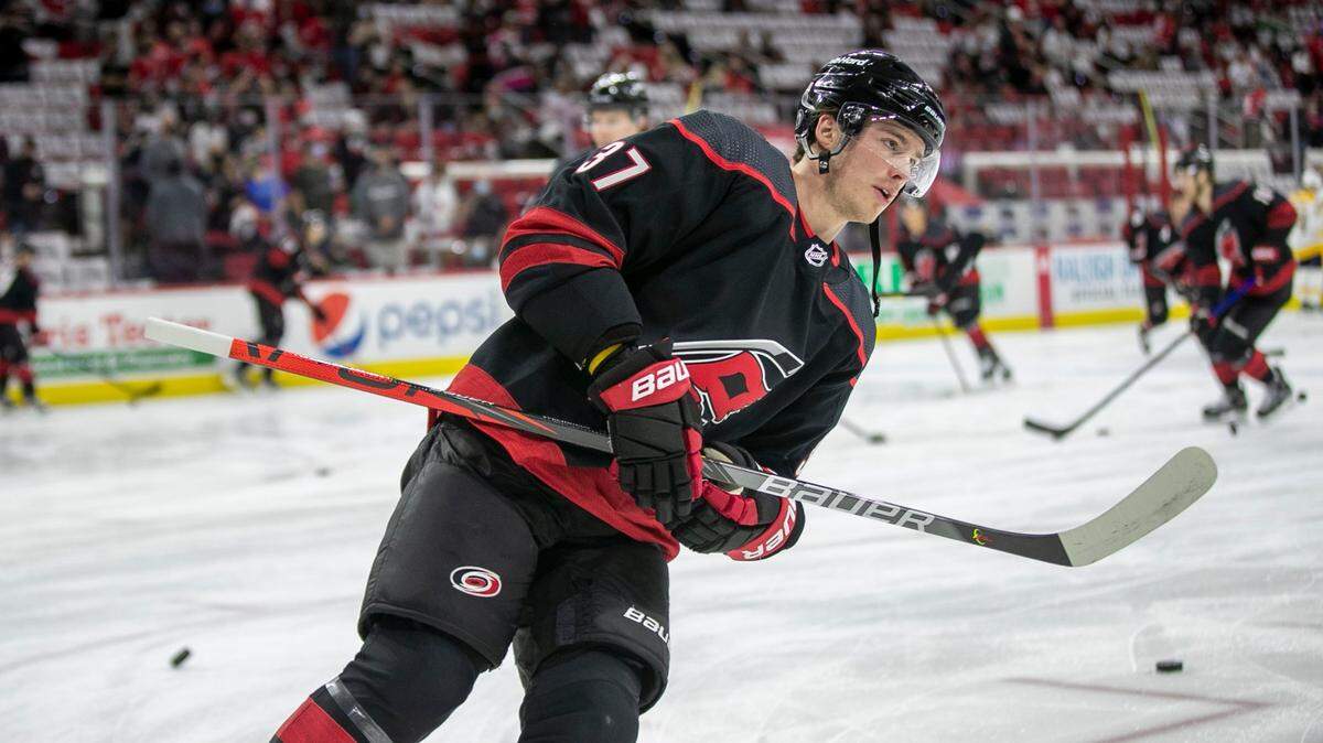 Carolina Hurricanes’ Andrei Svechnikov (37) skates during a pre-game warm up prior to the Hurricanes’ game against Nashville on Wednesday, May 19, 2021 at PNC Arena in Raleigh, N.C.