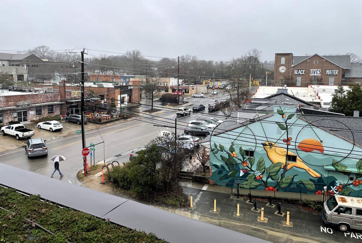 The view from a third-floor terrace at the Drakeford Library Complex takes in most of downtown Carrboro, NC. The green roof around the terrace is planted with drought-tolerant sedum.