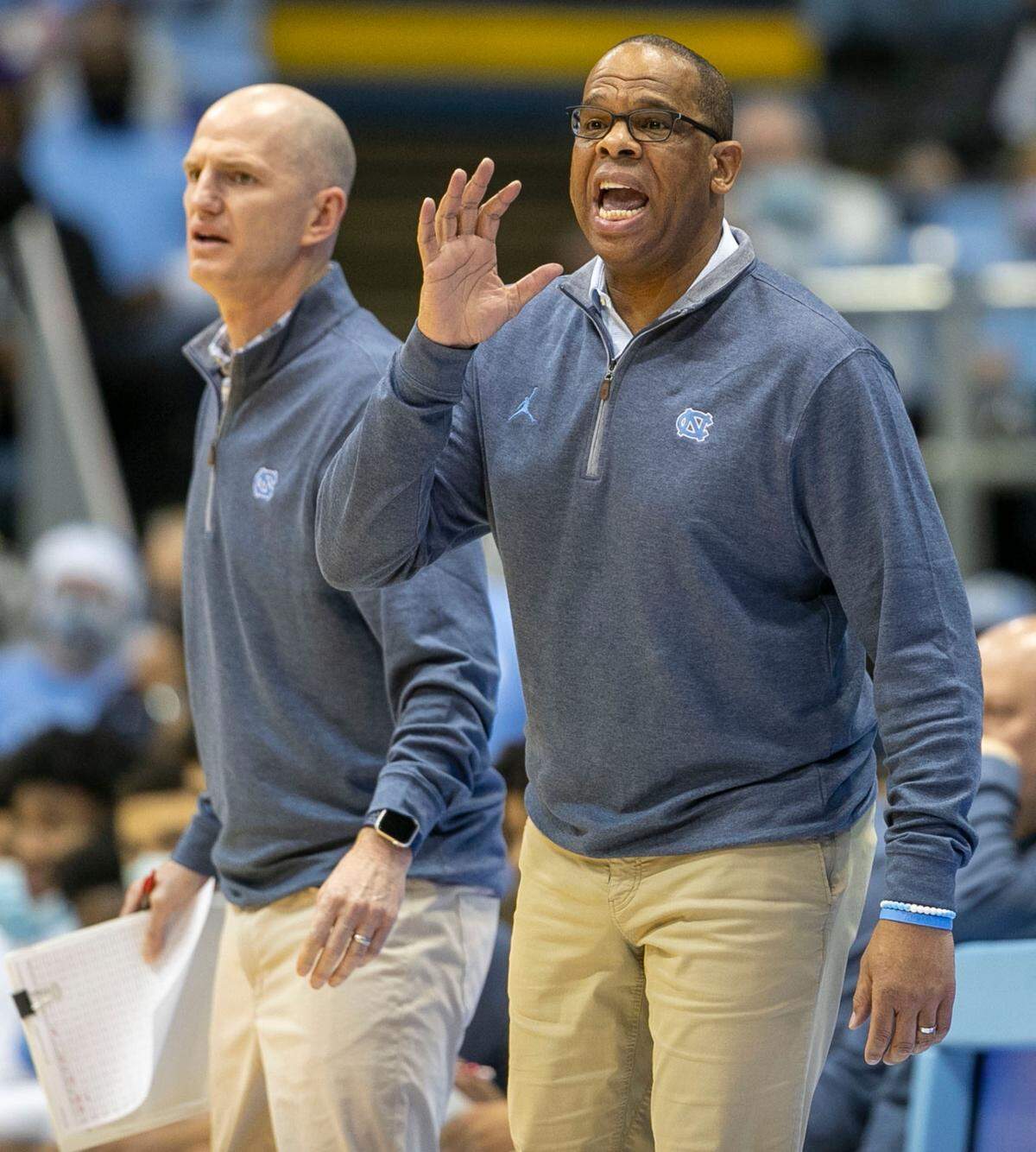 North Carolina coach Hubert Davis directs his team on defense in the first half against against Appalachian State on Tuesday, December 21, 2021 at the Smith Center in Chapel Hill, N.C.